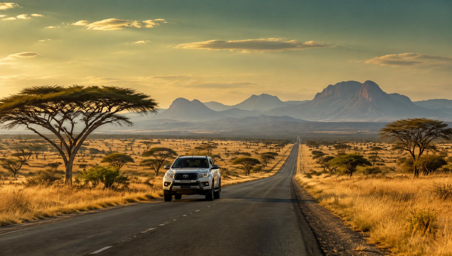 A 4x4 on an open road through the Zimbabwean savanna